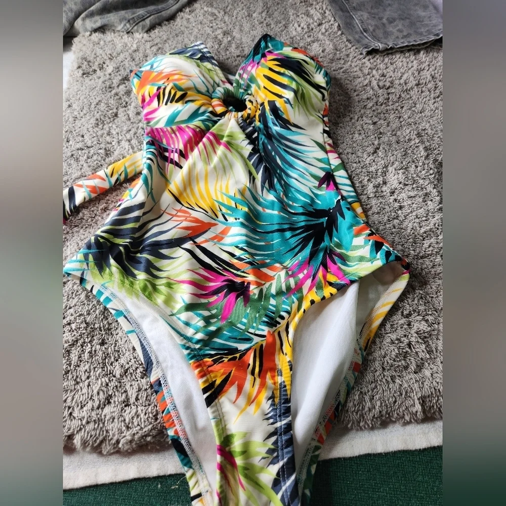 Women's Plunge Ring Detail One Piece Swimsuit - Shade & Shore Multi Tropical XS